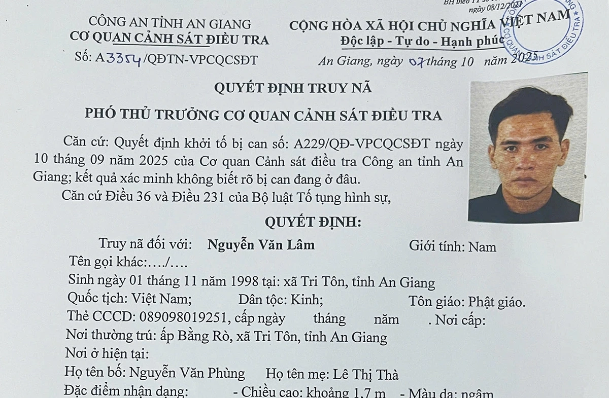 Quyết định truy nã đối với Lâm về tội “Cố ý gây thương tích”.