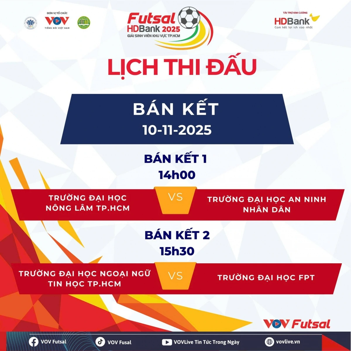 Lịch thi đấu bán kết giải Futsal HDBank Sinh viên khu vực TP.HCM năm 2025 hôm nay 10/11.