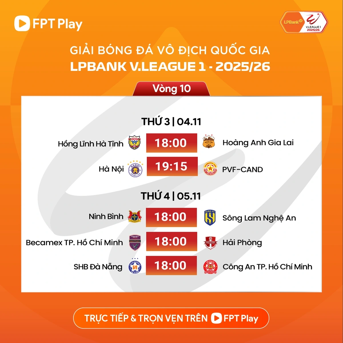 Lịch thi đấu vòng 10 V-League 2025/2026.