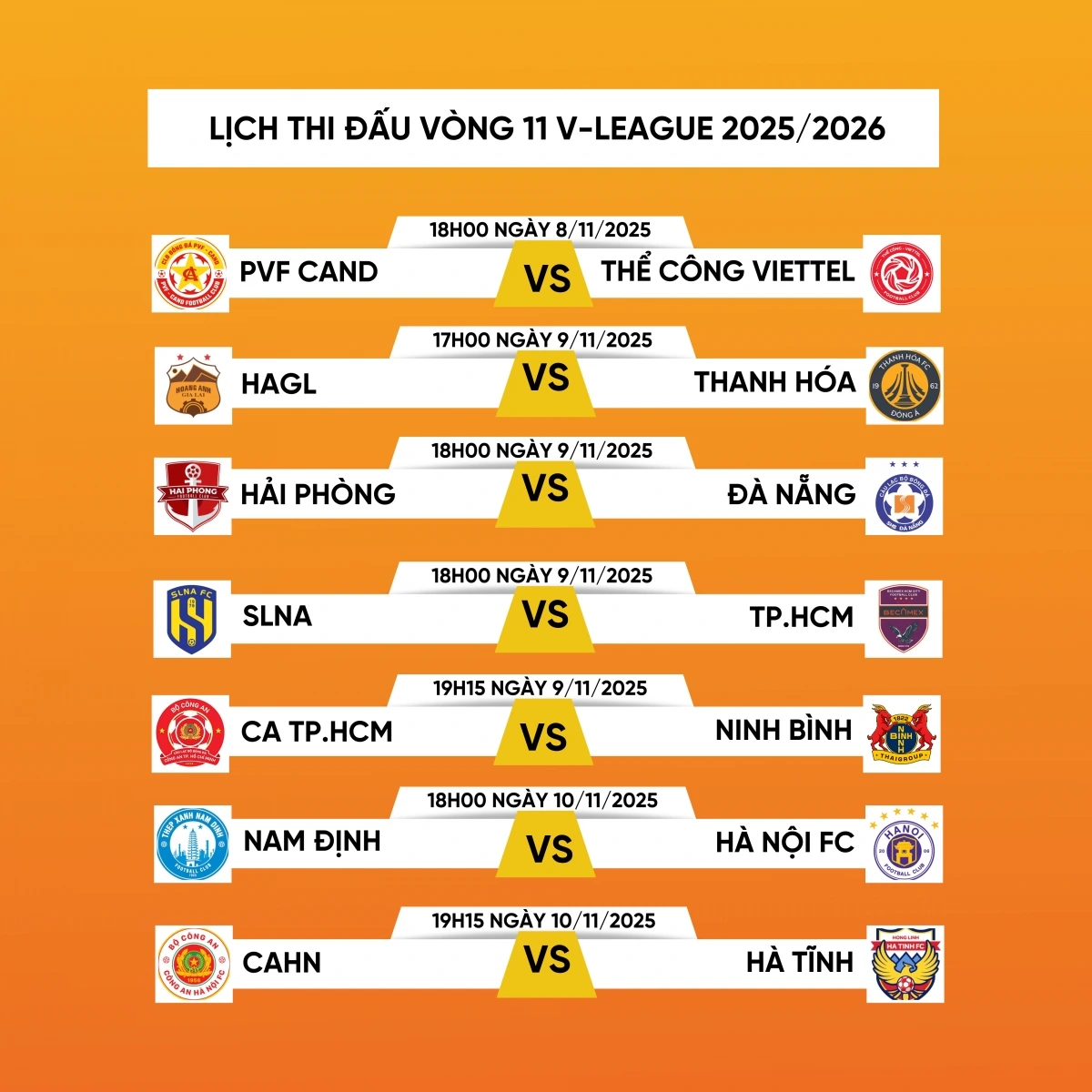 Lịch thi đấu vòng 11 V-League 2025/2026.
