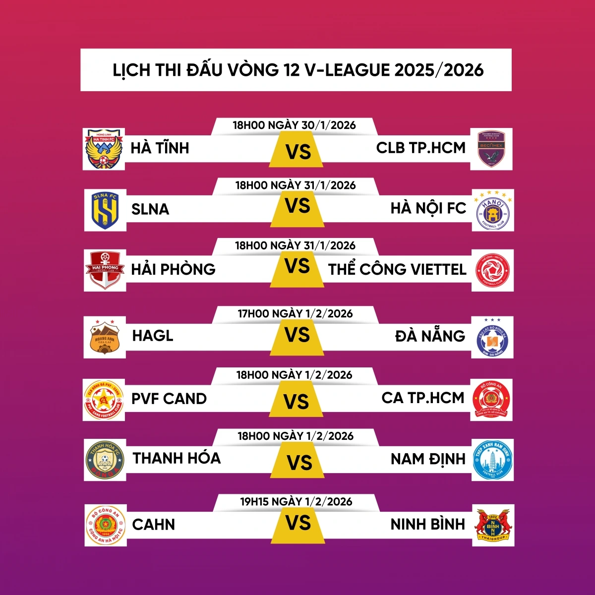 Lịch thi đấu vòng 12 V-League 2025/2026.