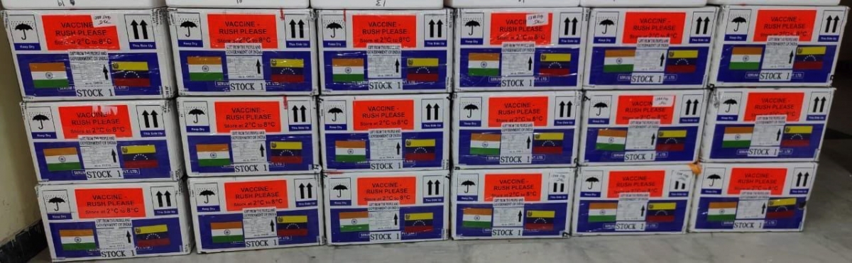 Lô vaccine được Ấn Độ tài trợ cho Venezuela. (Ảnh: Bộ Ngoại giao Ấn Độ)