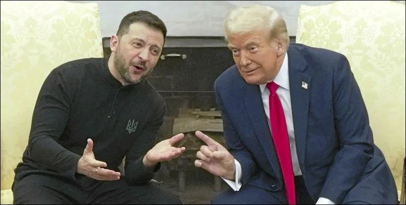 Tổng thống Donald Trump và Tổng thống Volodymyr Zelensky tại Phòng Bầu dục của Nhà Trắng ngày 28-2-2025, trước khi bất đồng nổ ra. Ảnh: SIPA 