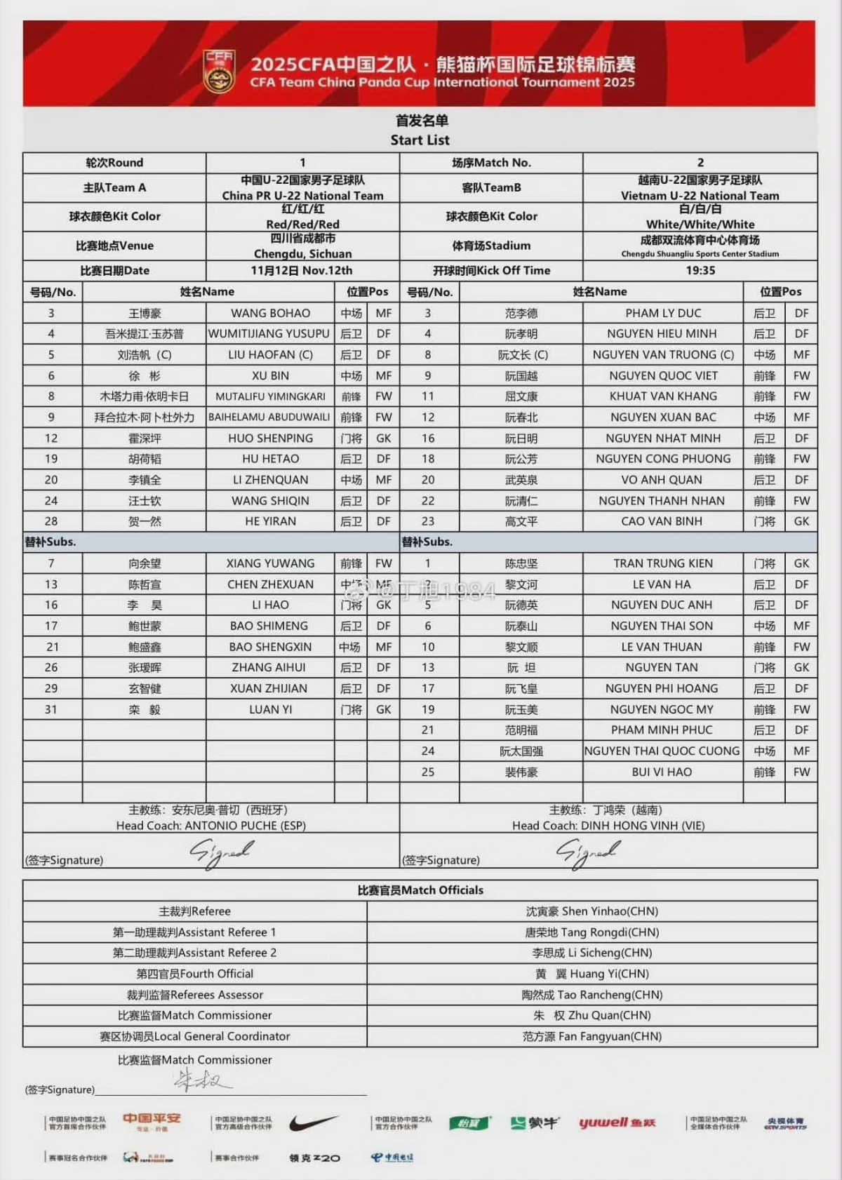 Đội hình xuất phát của 2 đội. (Ảnh: Weibo). 
