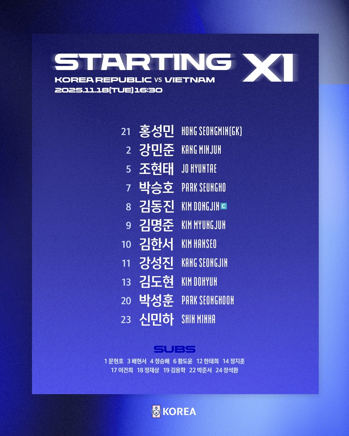Đội hình xuất phát của U22 Hàn Quốc. (Ảnh: KFA). 