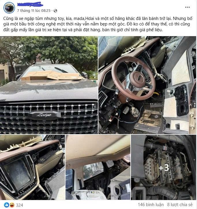 Một chủ gara ô tô chia sẻ trên mạng xã hội về tình trạng của chiếc Zoyte ngập nước, không có phụ tùng để sửa chữa.