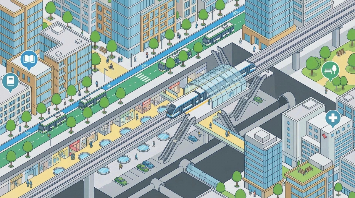 Mô hình TOD và giao thông đa tầng được kỳ vọng đưa metro – xe buýt điện thành trụ cột kết nối đô thị đa cực (Ảnh minh họa: Nano Banana)