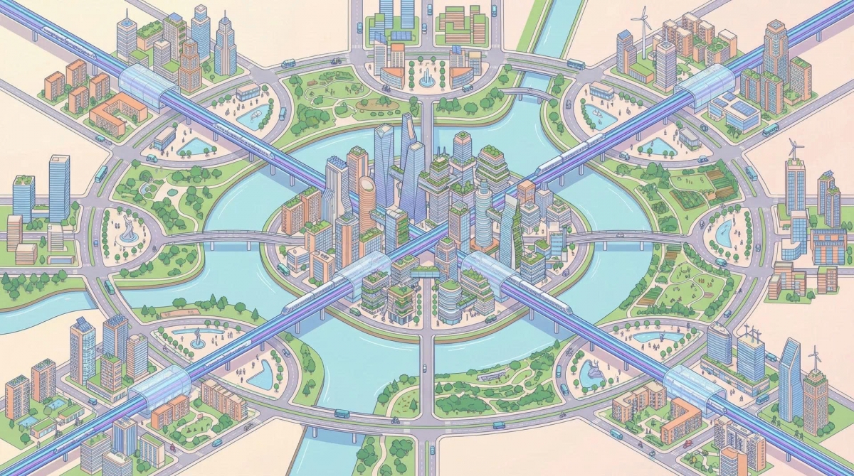 Quy hoạch đa cực gắn TOD: metro là trục xương sống, vành đai - cầu - trục hướng tâm tạo mạng kết nối giảm tải cho nội đô (Ảnh minh họa: Nano Banana)