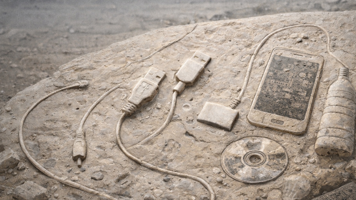 Hóa thạch công nghệ’ – tức mọi thứ do con người tạo ra, bao gồm cả các vật liệu mới – sẽ còn tồn tại trong hồ sơ địa chất suốt hàng thế kỷ. (Ảnh minh họa do AI tạo ra)