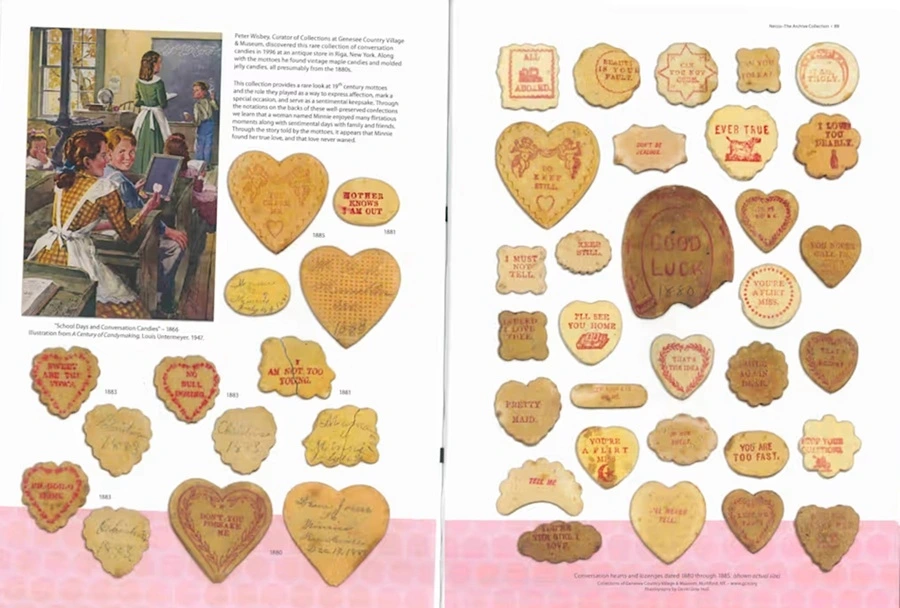 Trước khi có những viên kẹo Sweethearts mà chúng ta biết ngày nay, NECCO đã sản xuất nhiều loại kẹo có hình dạng lớn khác nhau, thường được gọi là kẹo trò chuyện. Nguồn: Sweethearts