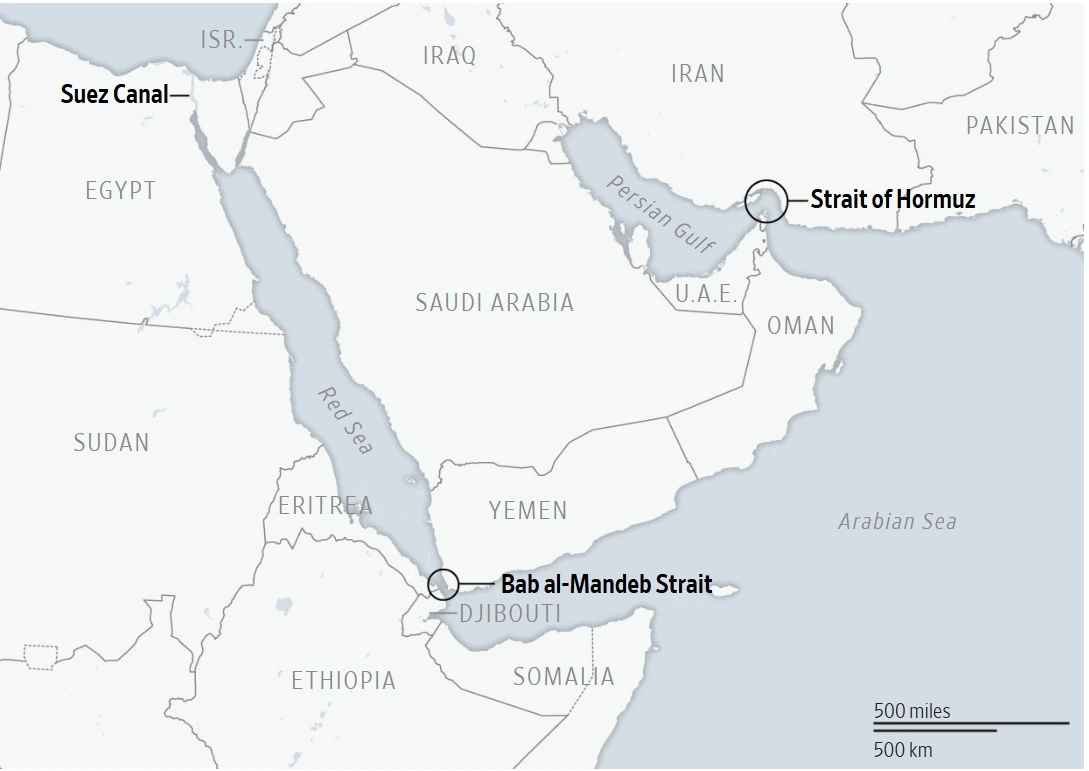 Vị trí eo biển Hormuz, eo biển Bab al-Mandeb và kênh đào Suez trên bản đồ.