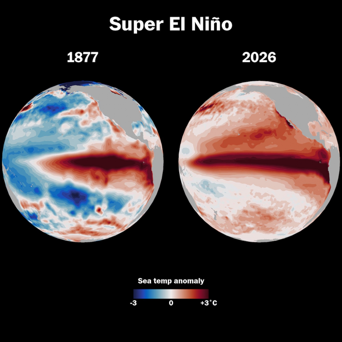 Hiện tượng El Niño dữ dội nhất từng được ghi nhận, xảy ra từ năm 1877 đến năm 1878, đã góp phần gây ra nạn đói khiến dân số toàn cầu giảm từ 3-4%. Ảnh: WP/ECMWF/NOAA