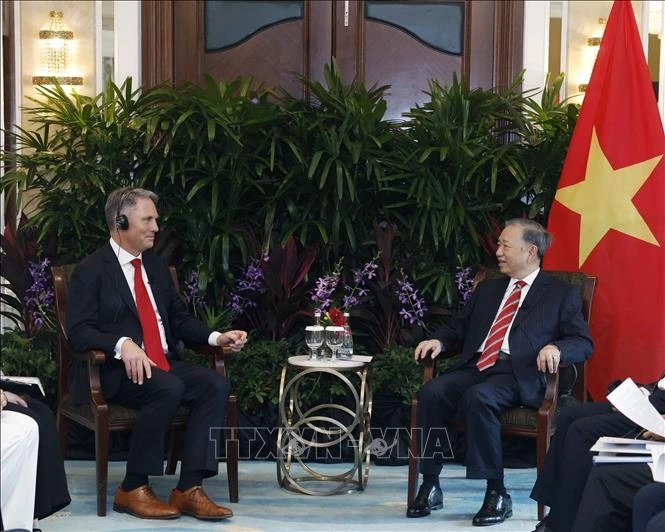 Tổng Bí thư, Chủ tịch nước Tô Lâm tiếp Phó Thủ tướng, Bộ trưởng Quốc phòng Australia Richard Marles. Ảnh: Thống Nhất/TTXVN.