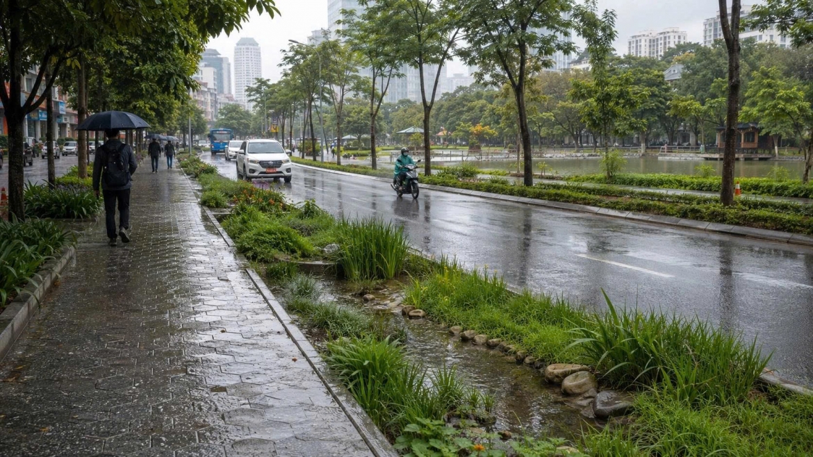 Mô hình “thành phố bọt biển” tăng khả năng thấm, giữ nước tại chỗ thông qua không gian xanh, mặt đường thấm nước và hồ điều hòa (Ảnh minh họa: ChatGPT)