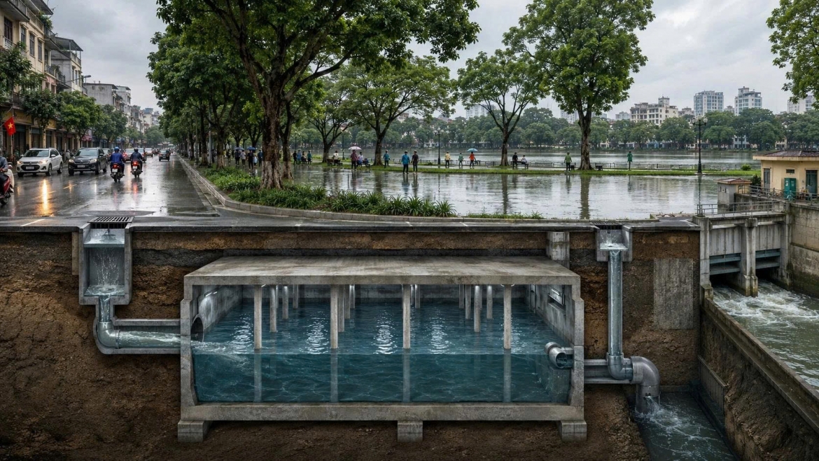 Các bể điều tiết ngầm được kỳ vọng góp phần giảm tải hệ thống thoát nước, hạn chế ngập úng khi xuất hiện mưa cực đoan (Ảnh minh họa: ChatGPT)