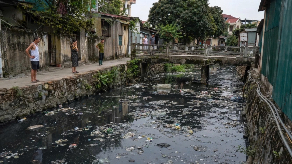 Nước thải sinh hoạt và sản xuất chưa được xử lý triệt để khiến nhiều tuyến mương, ao hồ ô nhiễm kéo dài, ảnh hưởng trực tiếp đến đời sống người dân (Ảnh minh họa: ChatGPT)