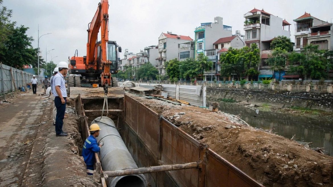 Hoàn thiện đồng bộ hệ thống thu gom nước thải được xem là mắt xích quan trọng để các nhà máy xử lý phát huy đúng công suất và giảm ô nhiễm sông, hồ (Ảnh minh họa: ChatGPT)