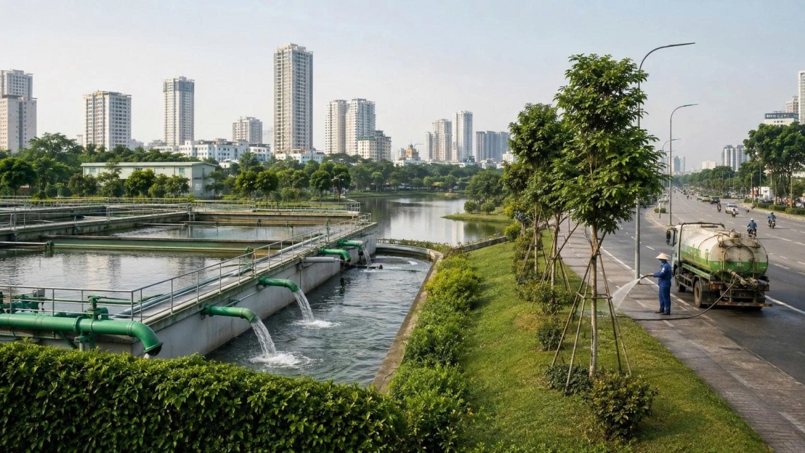 Khi thu gom, xử lý và tái sử dụng nước thải được kết nối đồng bộ, nguồn nước sau xử lý có thể phục vụ tưới cây, rửa đường, bổ cập sông hồ và nâng cao hiệu quả sử dụng tài nguyên nước (Ảnh minh họa: ChatGPT)