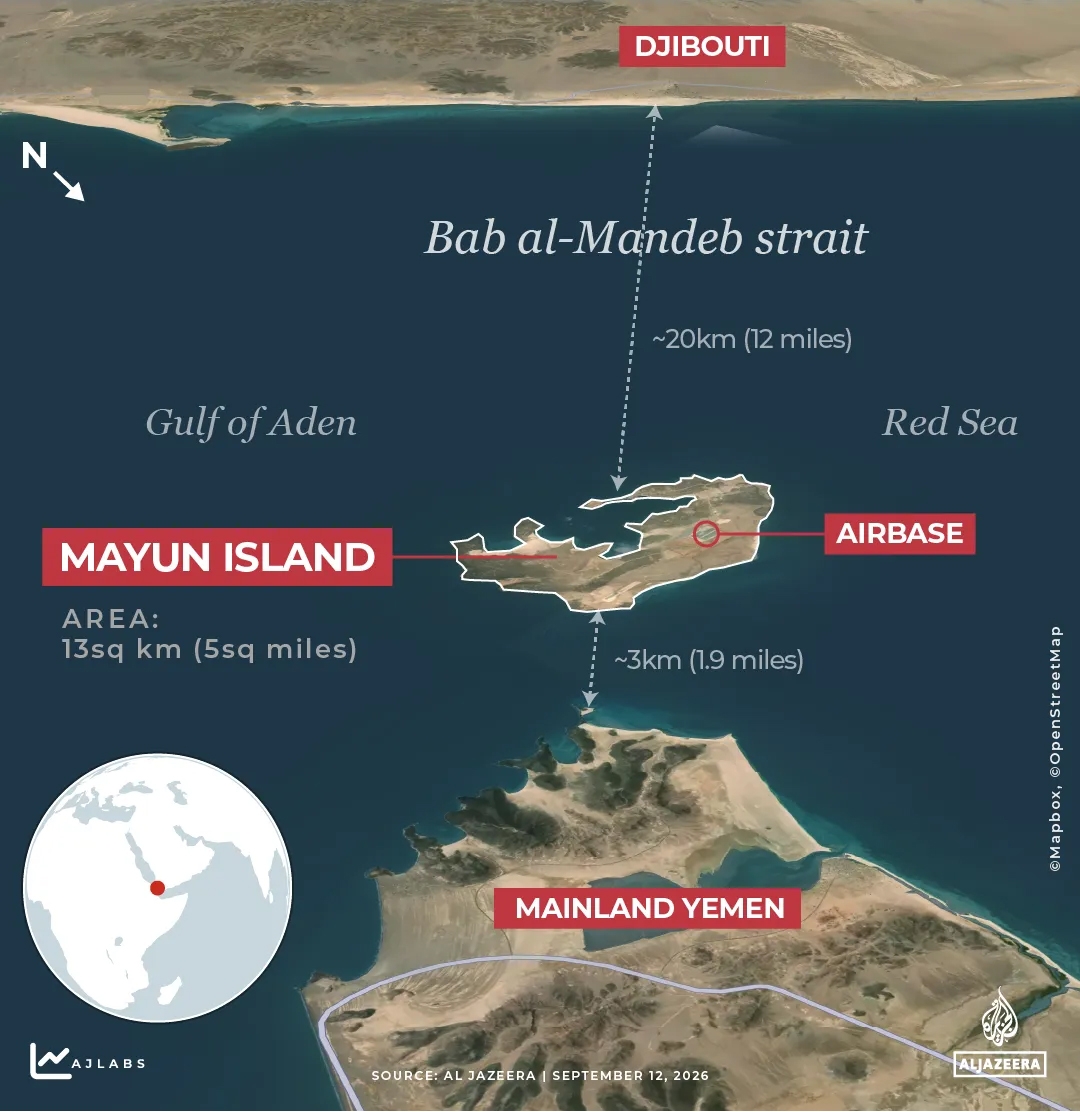 Vị trí đảo Perim (Mayun) ở eo biển Bab al-Mandeb. Nguồn: Al Jazeera