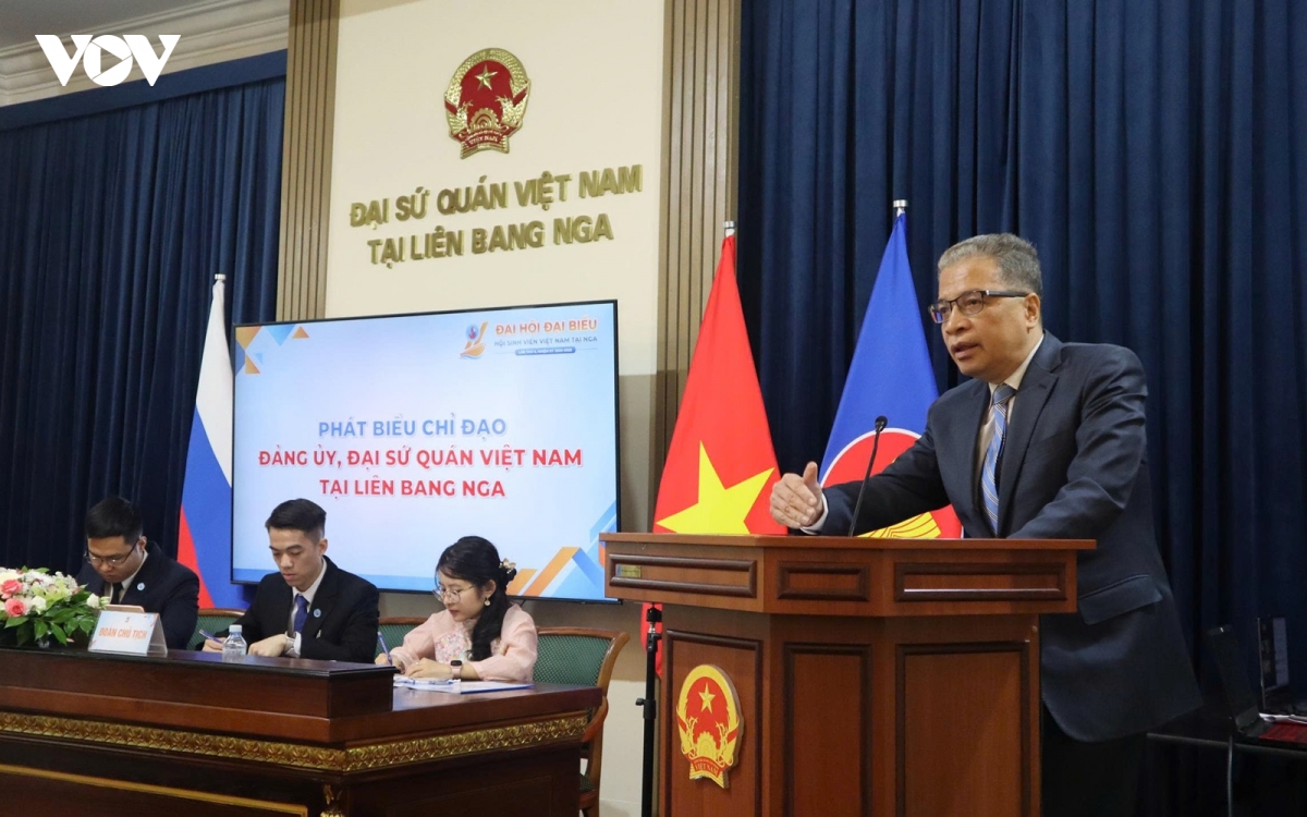 dai su quan Viet Nam tai Nga, dai hoi Hoi sinh vien Viet Nam tai Nga 2026, dai su Dang Minh Khoi phat bieu -vov.jpg