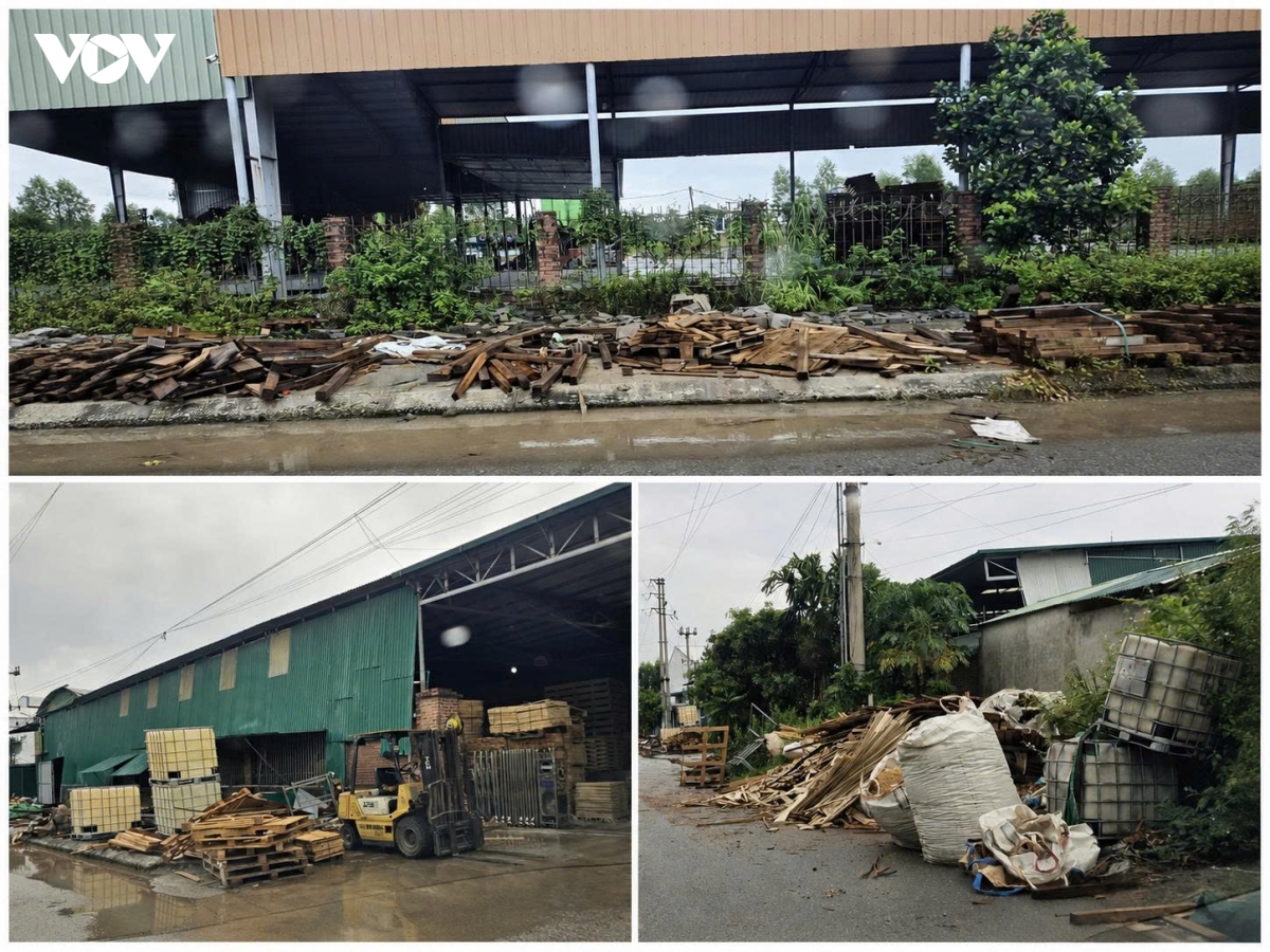 Vật liệu, phế gỗ và hàng hóa được tập kết dọc đường nội bộ tại Cụm công nghiệp Đại Lâm, khiến khu vực sản xuất trở nên nhếch nhác, mất mỹ quan.