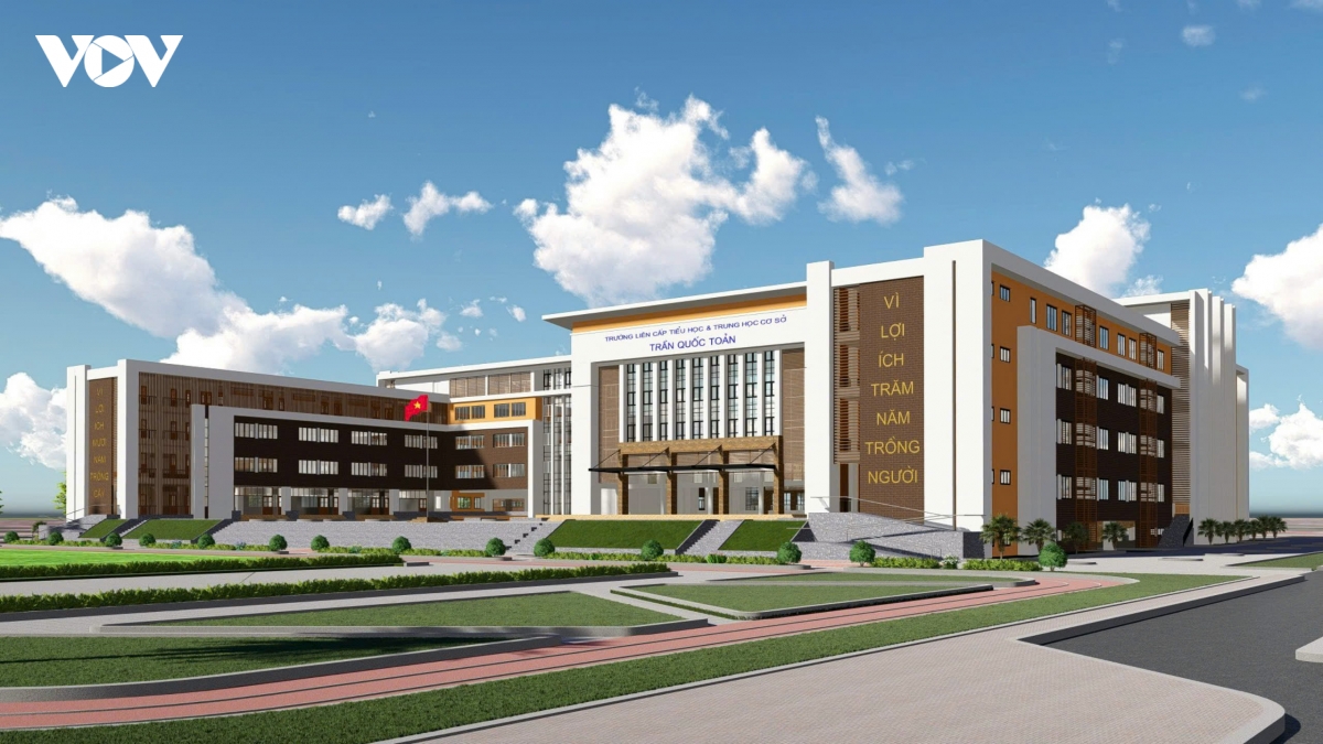 Phối cảnh Trường Tiểu học và THCS Trần Quốc Toản, cơ sở giáo dục được đầu tư đồng bộ, hướng tới đáp ứng tốt hơn nhu cầu học tập của học sinh và yêu cầu đổi mới quản trị nhà trường.