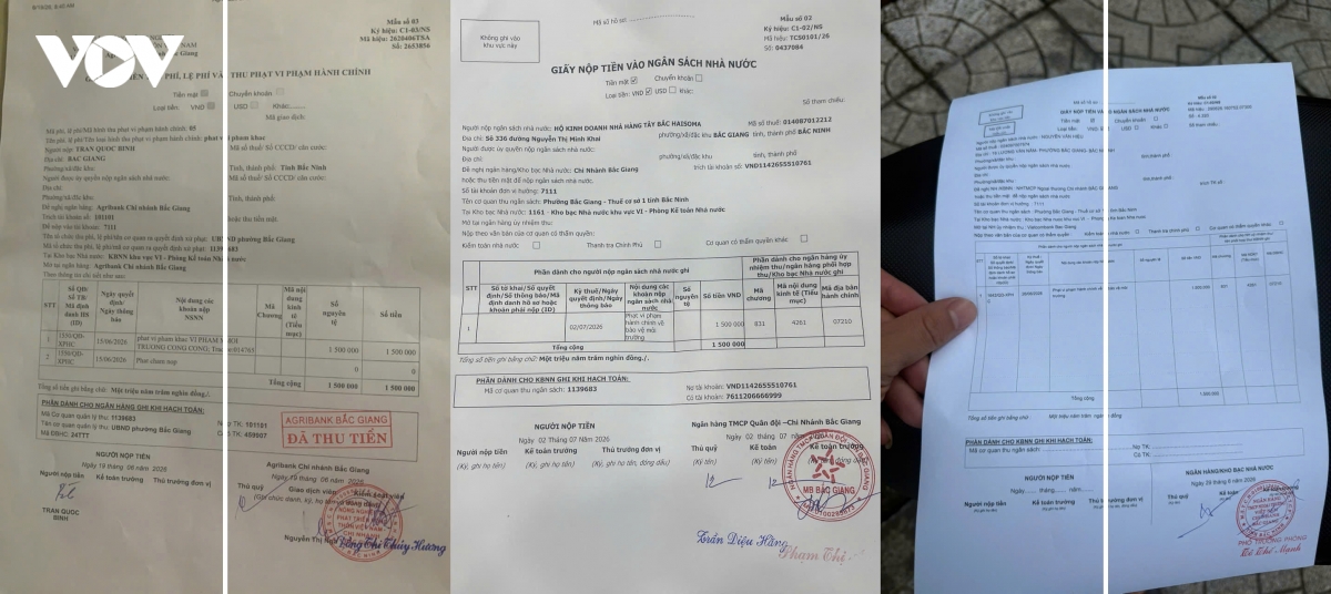Biên bản xử lý vi phạm hành chính và chứng từ nộp phạt của một hộ kinh doanh. Đây là một trong những căn cứ cho thấy cơ quan chức năng đã kiểm tra, xử lý vi phạm tại nguồn phát sinh nước thải.