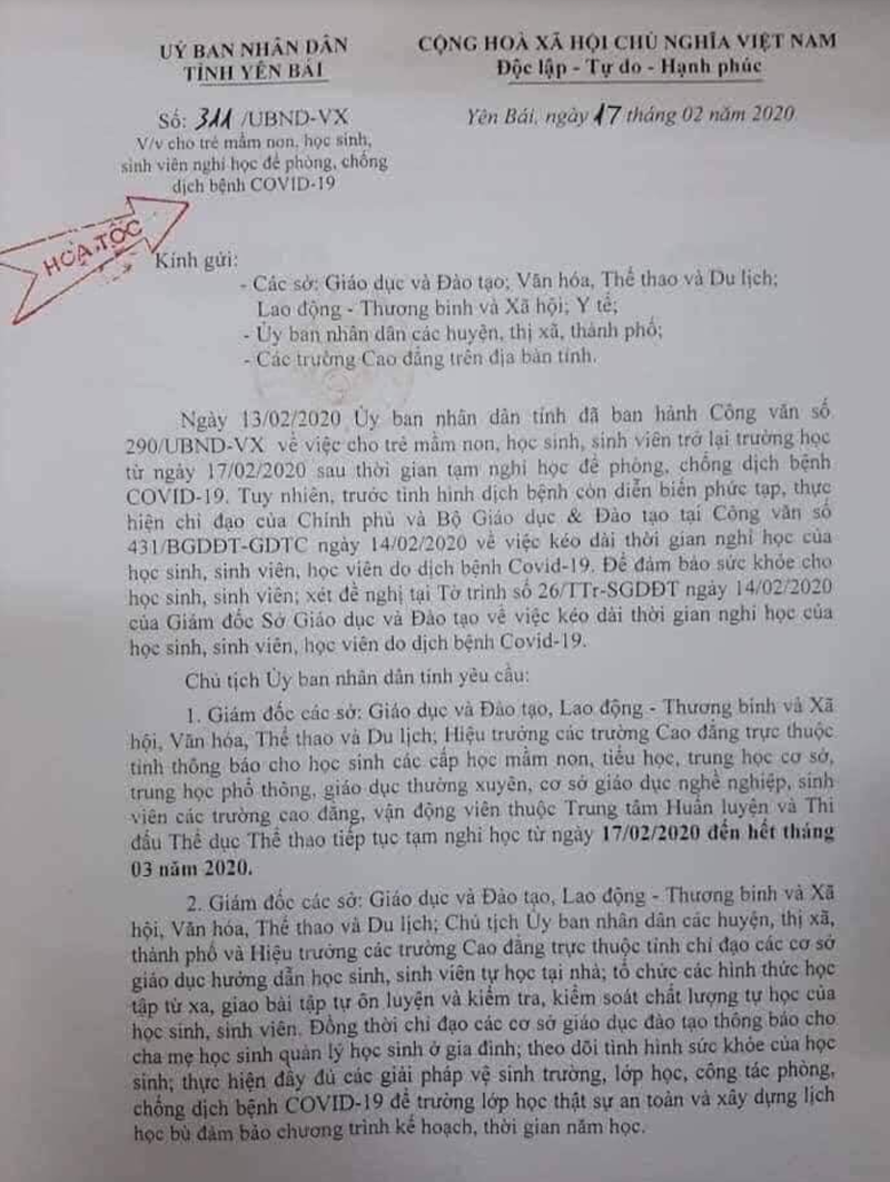 cong van cho hoc sinh o yen bai nghi hoc het thang 3/2020 la gia mao hinh 1