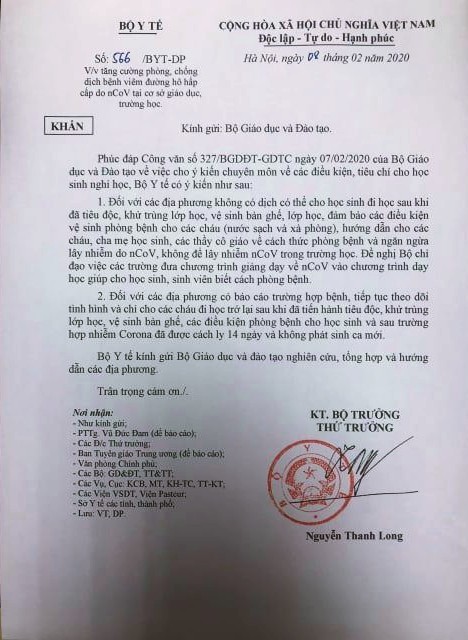 bo y te: hoc sinh co the di hoc o cac dia phuong khong co dich corona hinh 1