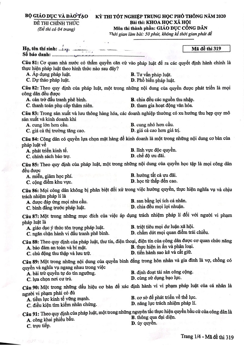 thi tot nghiep thpt 2020: de thi mon giao duc cong dan hinh 1