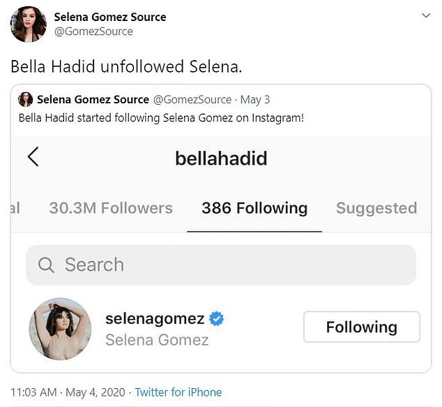 bella hadid huy theo doi selena gomez vi chua quen "thu" cu? hinh 1