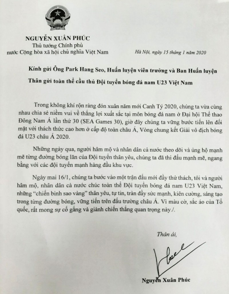 thu tuong gui thu dong vien hlv park hang seo va doi u23 viet nam hinh 1
