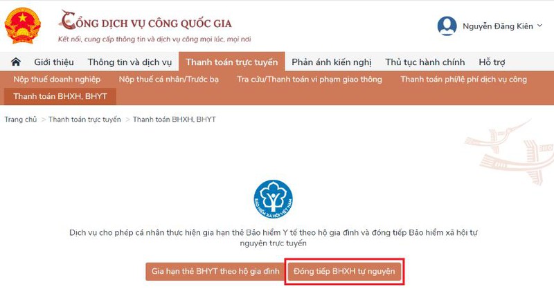 cach gia han the bhyt, tiep tuc dong bhxh tu nguyen tren cong dvcqg hinh 9