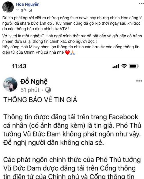 hoa minzy thua nhan bat can, xin loi vi dang tin gia ve dich covid-19 hinh 1