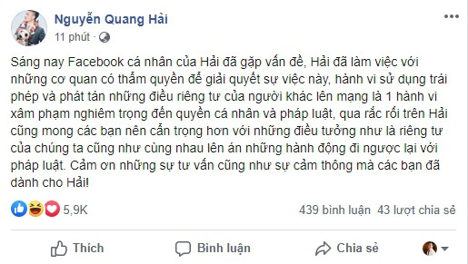 quang hai bi doi tuong xau hack facebook, phat tan tin nhan rieng tu hinh 1